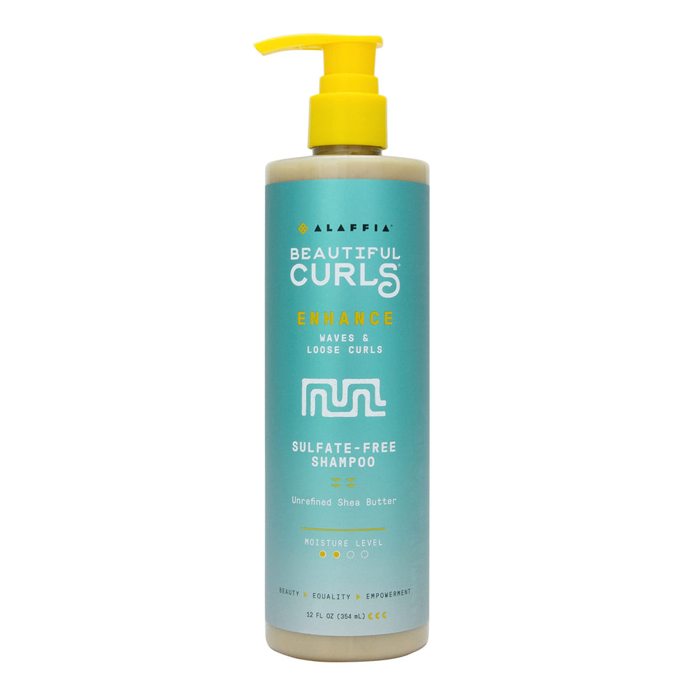 Alaffia Beautiful Curls shampoo bottle front view for gentle cleansing with a sulfate-free formula.