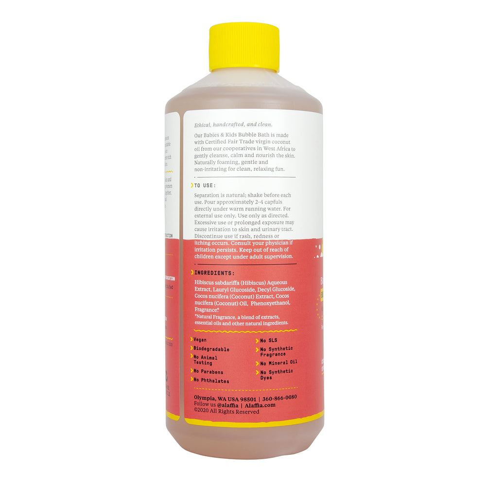 Alaffia coconut-strawberry bubble bath bottle highlighting moisturizing formula.