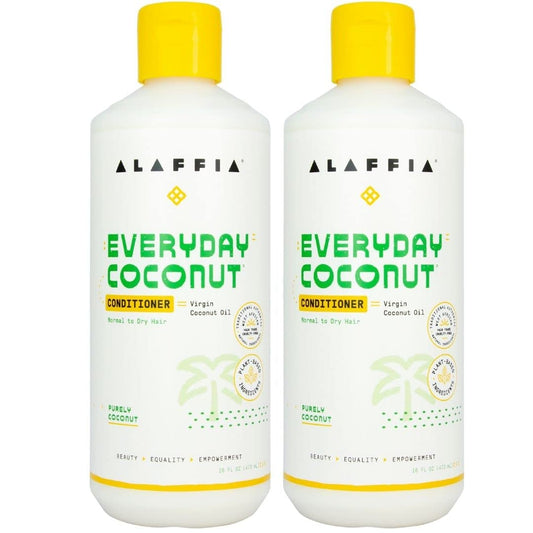 Alaffia Everyday Coconut Conditioner bottle close-up showing coconut oil nourishment for hair