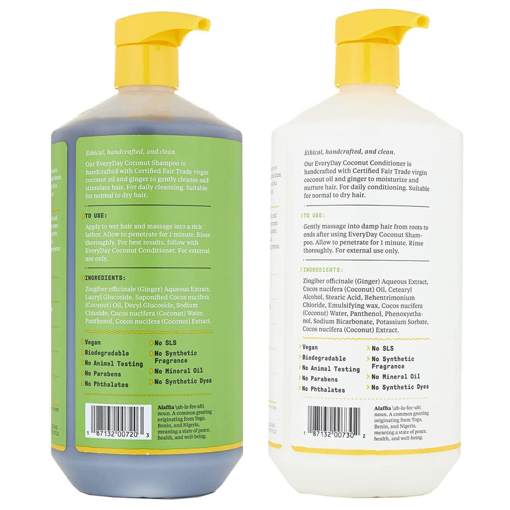 Alaffia EveryDay Coconut Conditioner bottle featuring ginger extract for scalp refresh and hair softness.