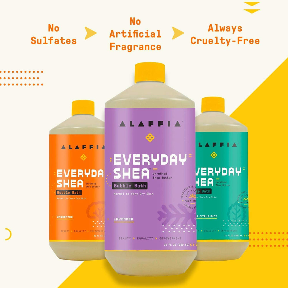Alaffia Everyday Shea Bubble Bath bubbles close-up highlighting rich foam.
