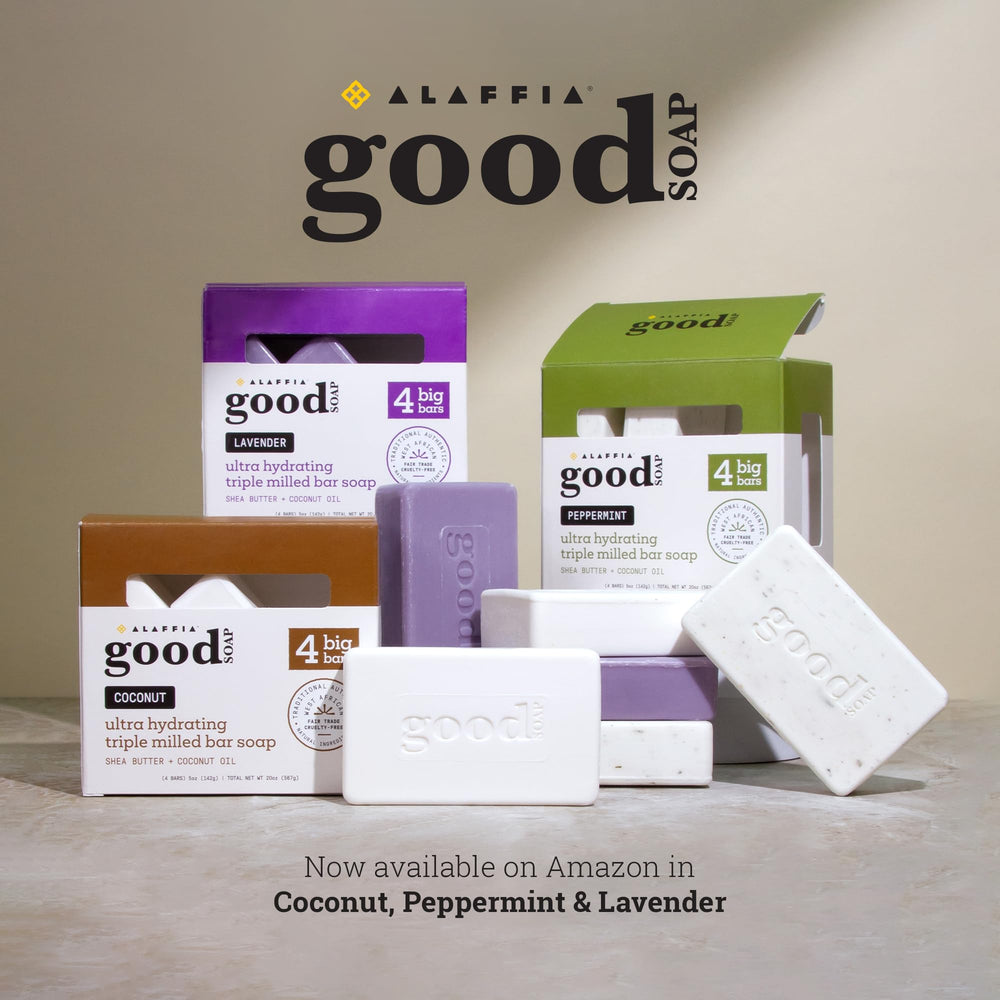 Alaffia Good Soap Coconut multi-bar display emphasizing long-lasting bars.