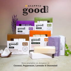 Alaffia Good Soap four bars per pack showcasing value and extended use.