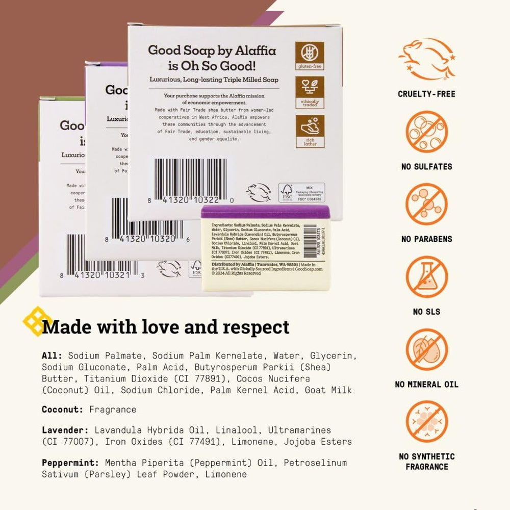 Alaffia Good Soap Peppermint bars offering refreshing scent and effective hand washing.