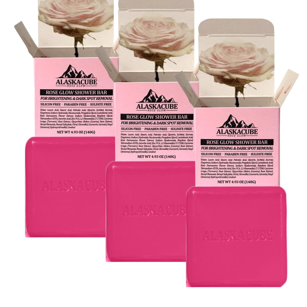 Alaskacube Rose Glow shower bar wrapped, delivering long-lasting hydration and soothing rose scent.