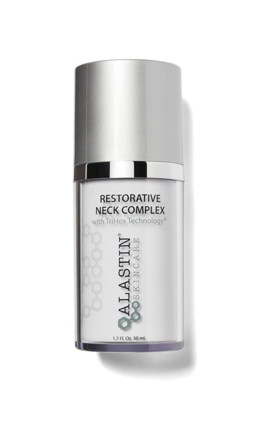 ALASTIN Restorative Neck Complex bottle close-up showing a hydrating formula for neck skin support.