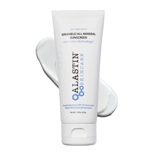 ALASTIN SilkSHIELD Mineral Sunscreen on the face, lightweight protection for daily wear.