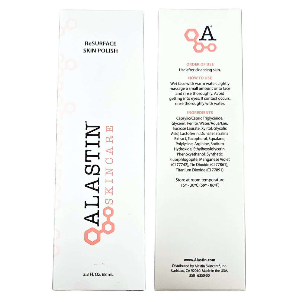 ALASTIN Skincare ReSURFACE Exfoliating Skin Polish packaging on countertop suggests everyday routine.