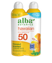 Alba Botanica Hawaiian Coconut Sunscreen Spray bottle for quick, lightweight sun protection.