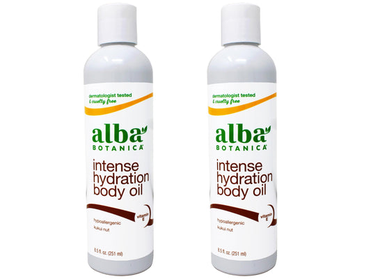 Alba Botanica kukui nut body oil two-pack bottles on display for island hydration.