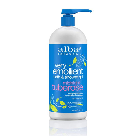 Alba Botanica Midnight Tuberose gel bottle pouring, inviting cleansing with a soothing fragrance.