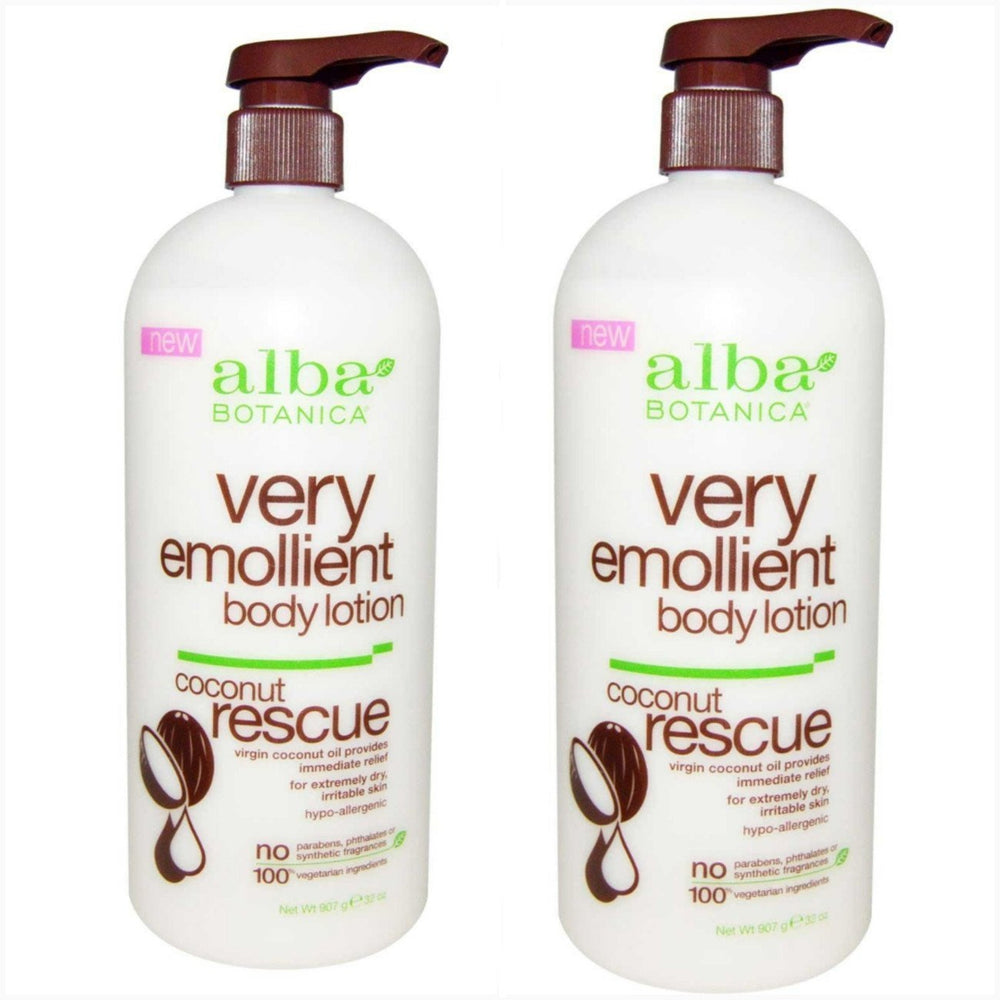Alba Botanica Coconut Rescue lotion bottle provides rich moisture for dry skin care.