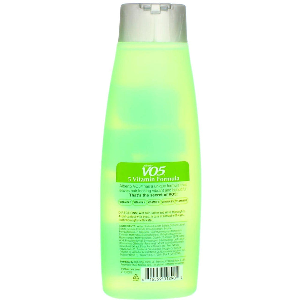 Alberto VO5 Kiwi Lime Squeeze label close-up highlighting brand and scent.