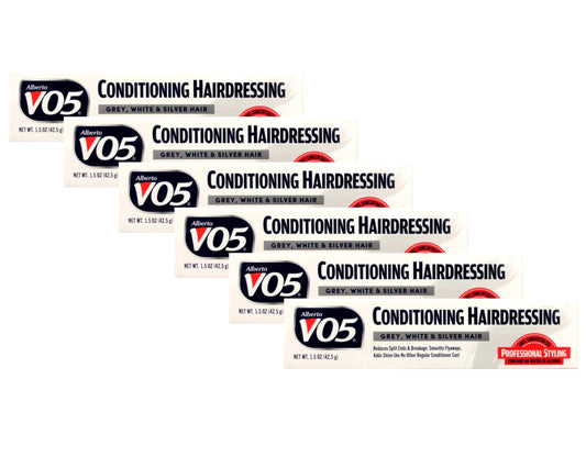 Alberto VO5 Conditioning Hairdressing gray hair tube close-up showing shine boost.