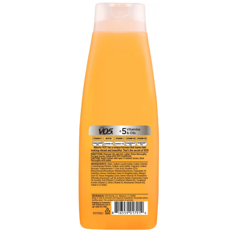 Alberto VO5 Daily Revitalizing Shampoo bottle back label highlights five vitamins.