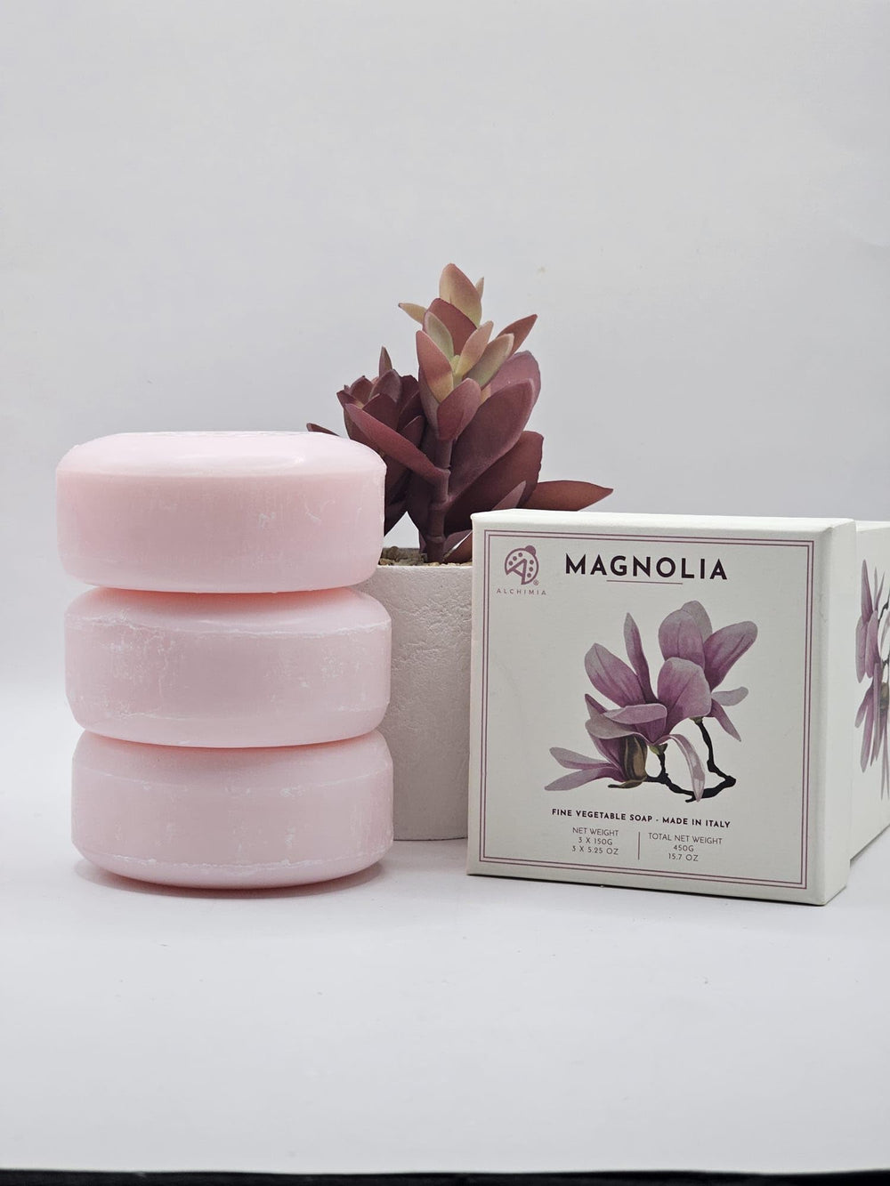 Alchimia Magnolia soap set flatlay conveys value and variety in one gift.