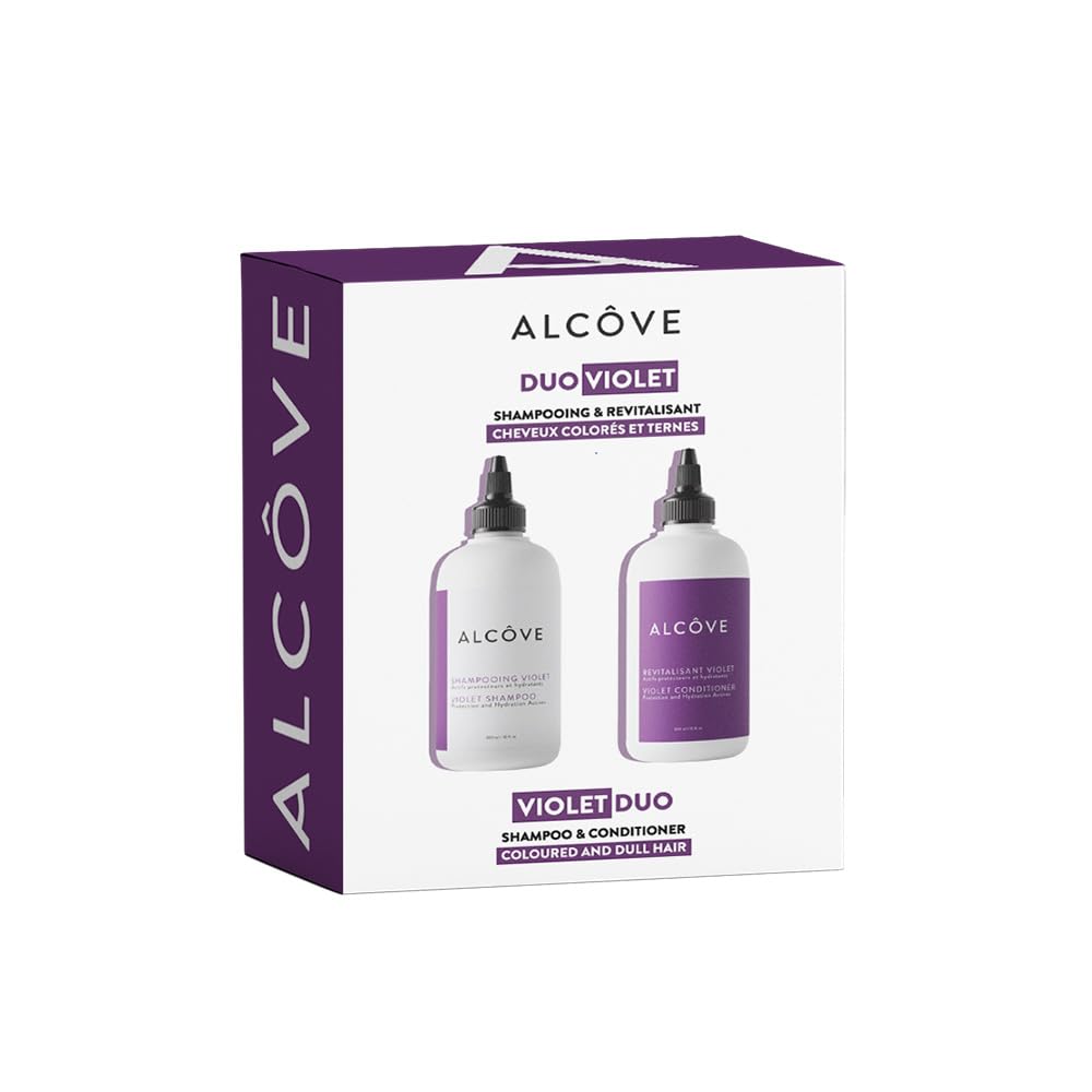 Alcove Violet Shampoo bottle pour neutralizing yellow tones for cooler blonde hues.