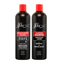 Alda Beauty Care Chocolate Brazilian Keratin Treatment bottle promotes frizz control and shine.