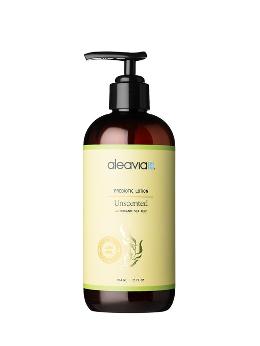 Aleavia Unscented Prebiotic Body Lotion bottle demonstrates fragrance-free hydration for sensitive skin.