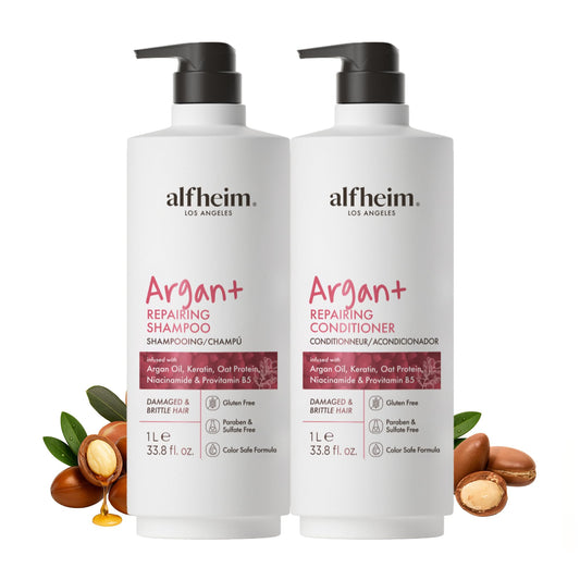 ALFHEIM Argan+ Repair packaging showcases the duo for an at-home repair routine.
