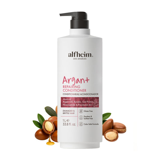 ALFHEIM Argan+ Repairing Conditioner bottle highlights deep hydration and repair.