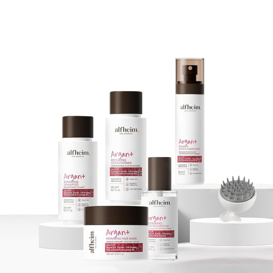 Alfheim Argan Shampoo bottle shows frizz control for smooth, manageable hair.