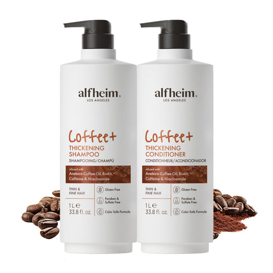 ALFHEIM Coffee Thickening Shampoo bottle promotes root lift and fullness.