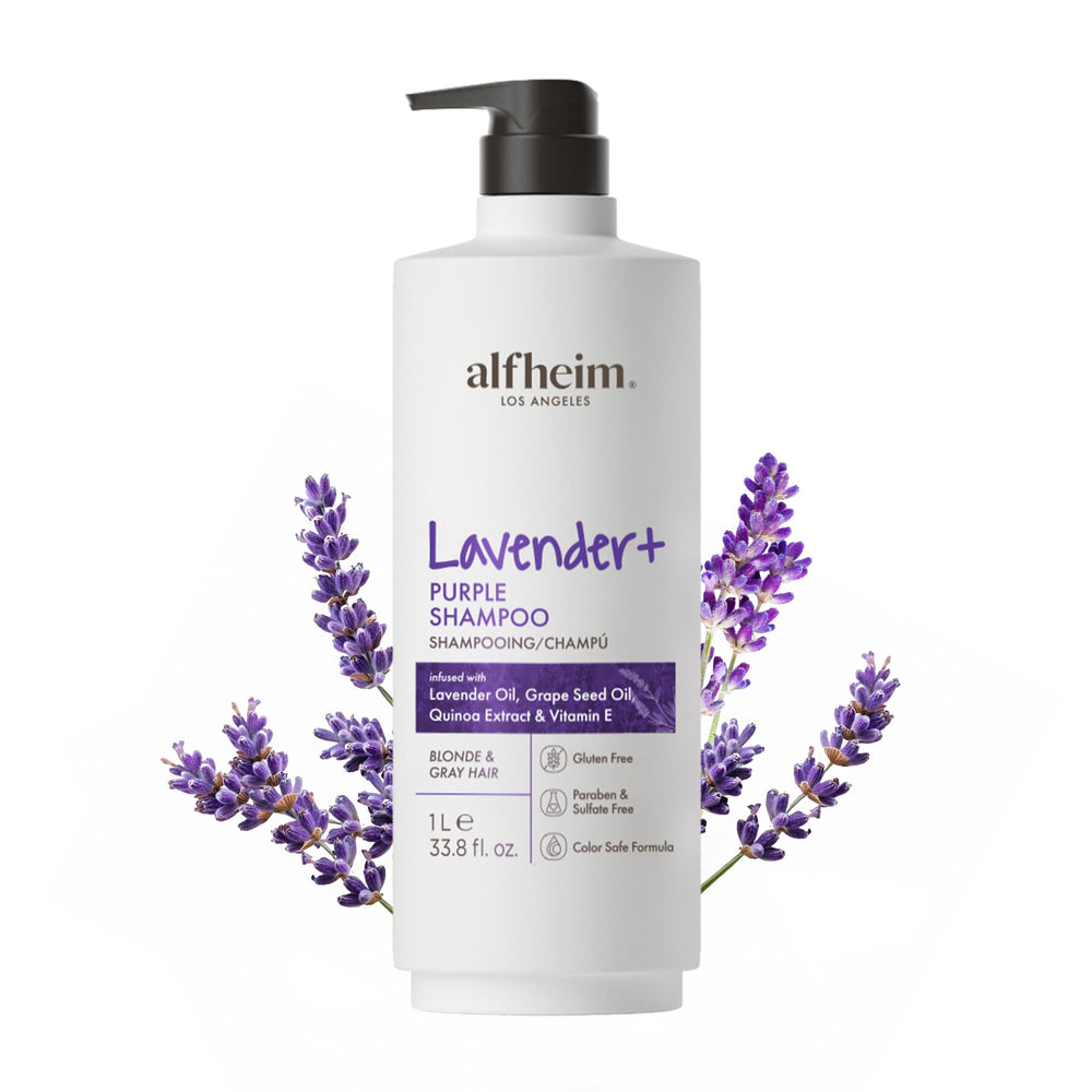 ALFHEIM Lavender+ Purple Shampoo bottle front showing toning action for blondes