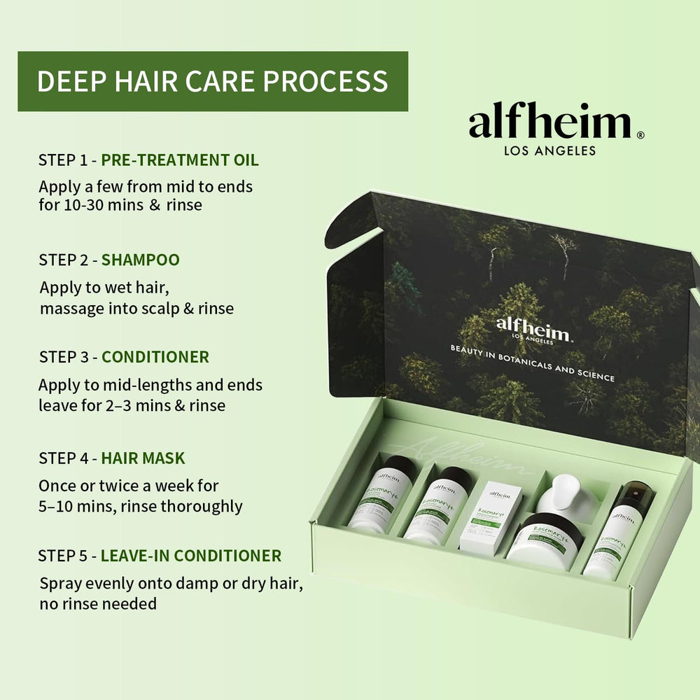 ALFHEIM Rosemary Purifying Leave-in Conditioner spray detangles for weightless softness.