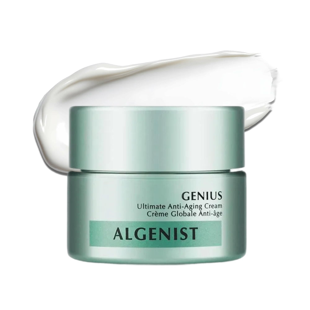 Algenist GENIUS Ultimate Anti-Aging Cream bottle showing premium packaging and luxurious texture.
