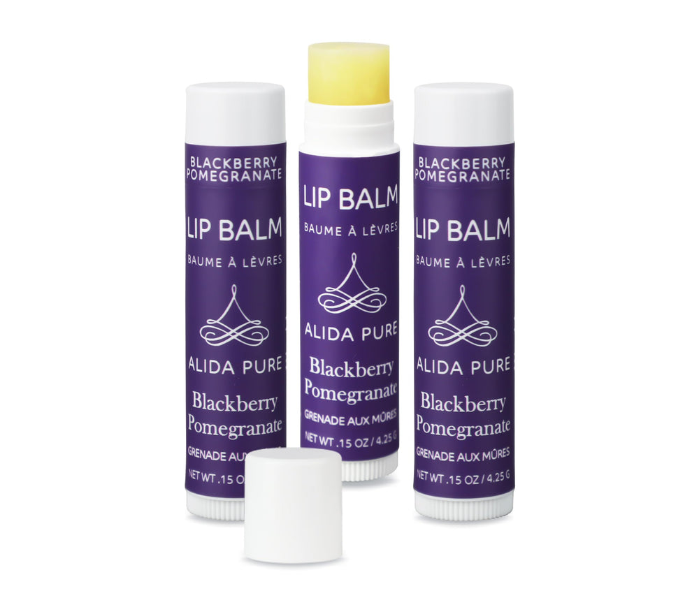 ALIDA PURE Blackberry Pomegranate lip balm tube front view for smooth lips