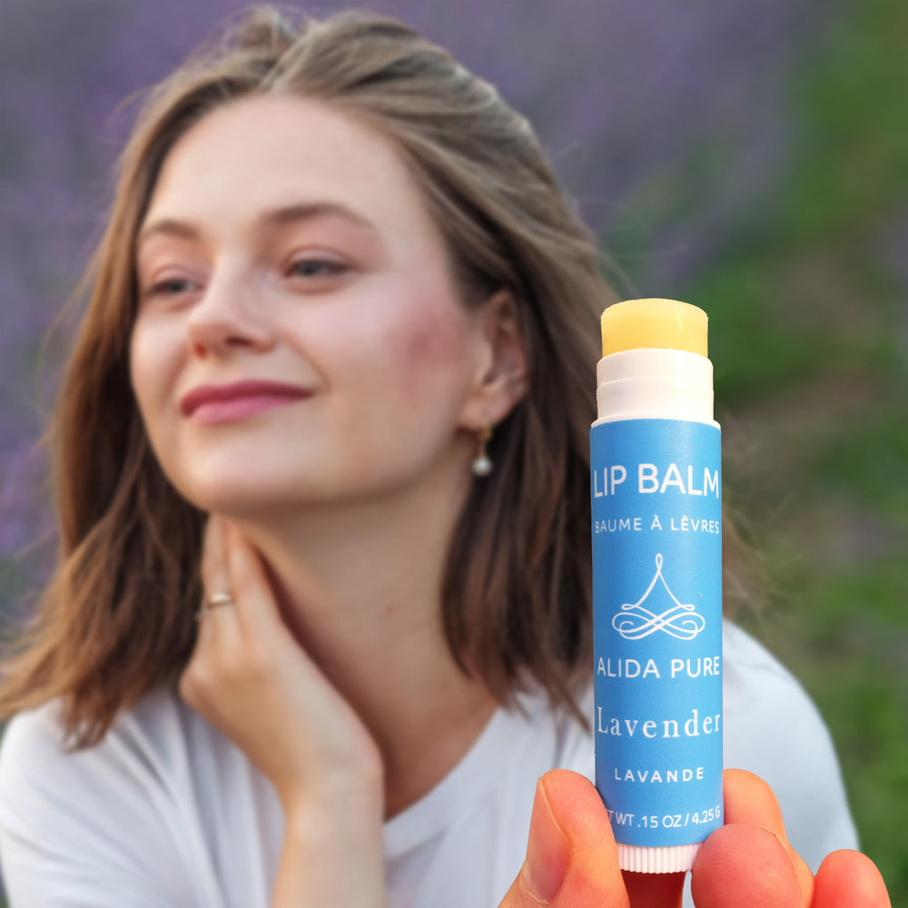ALIDA PURE Lavender Lip Balm ingredients list highlights avocado and jojoba oils.
