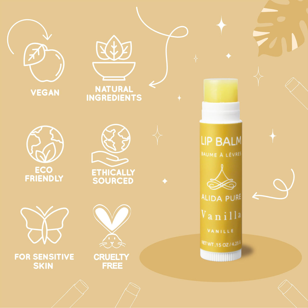 ALIDA PURE Vanilla Lip Balm ingredients close-up featuring avocado and jojoba oils.