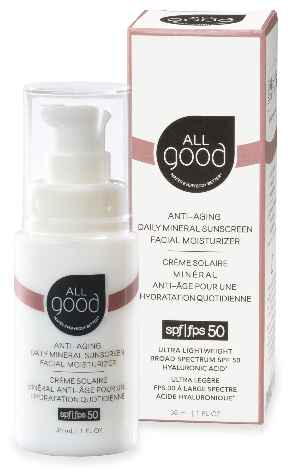 All Good anti-aging daily sunscreen tube front shows compact travel-size SPF 50 protection for daily use