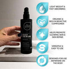 Serum texture close-up showing silky, lightweight finish for all-body hydration.