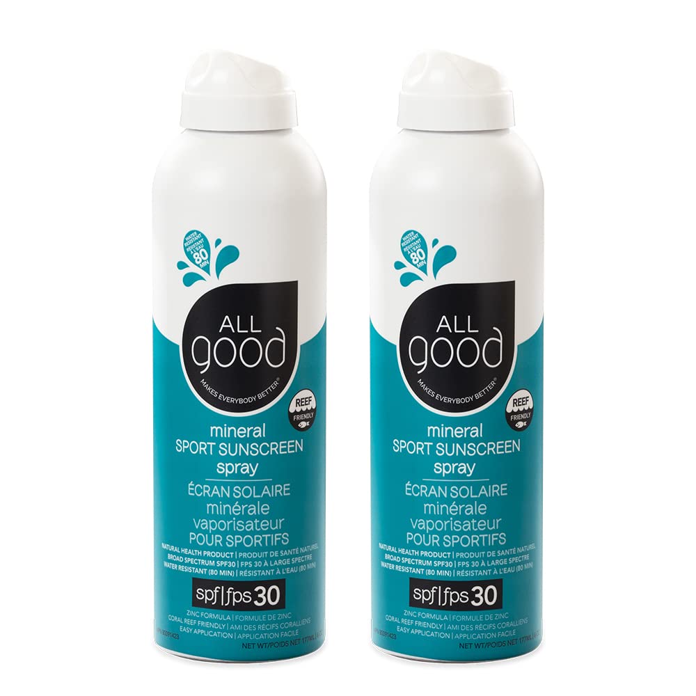All Good Sport Sunscreen Spray bottle featuring a reef-friendly, dry-apply formula for comfortable wear.