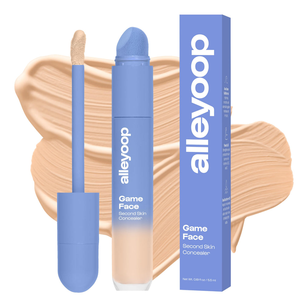 ALLEYOOP Game Face Concealer with built-in sponge for fast under-eye touch-ups.