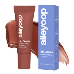 Alleyoop Lip Goals moisturizing balm tube delivers sheer rosy brown color and hydration.