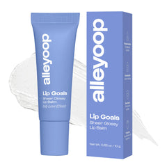 ALLEYOOP Lip Goals tube closeup showing hydrating care and sheer color for soft lips.