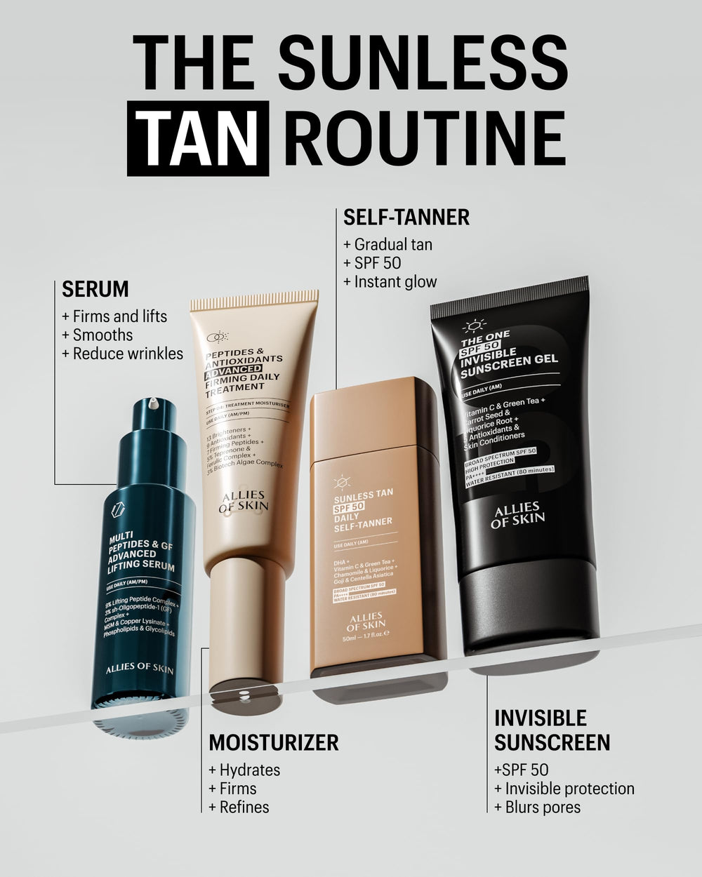 Allies of Skin Daily SPF 50 self-tanner for face vitamin C centella highlight
