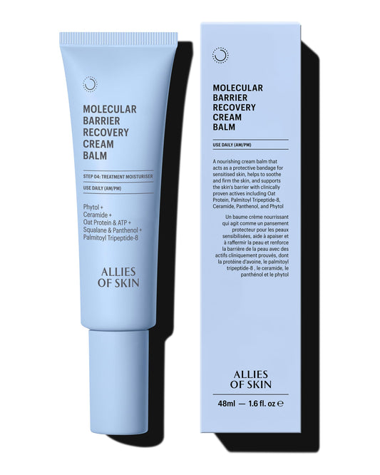 Allies of Skin Molecular Barrier Repair Cream Balm jar close-up shows rich texture for hydration