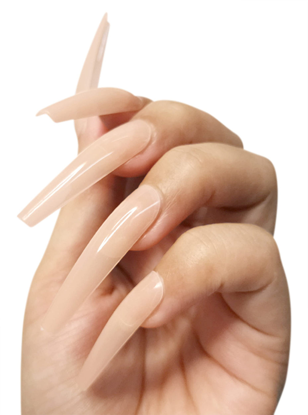 Nude full-cover tips close-up showing natural blend with nails.