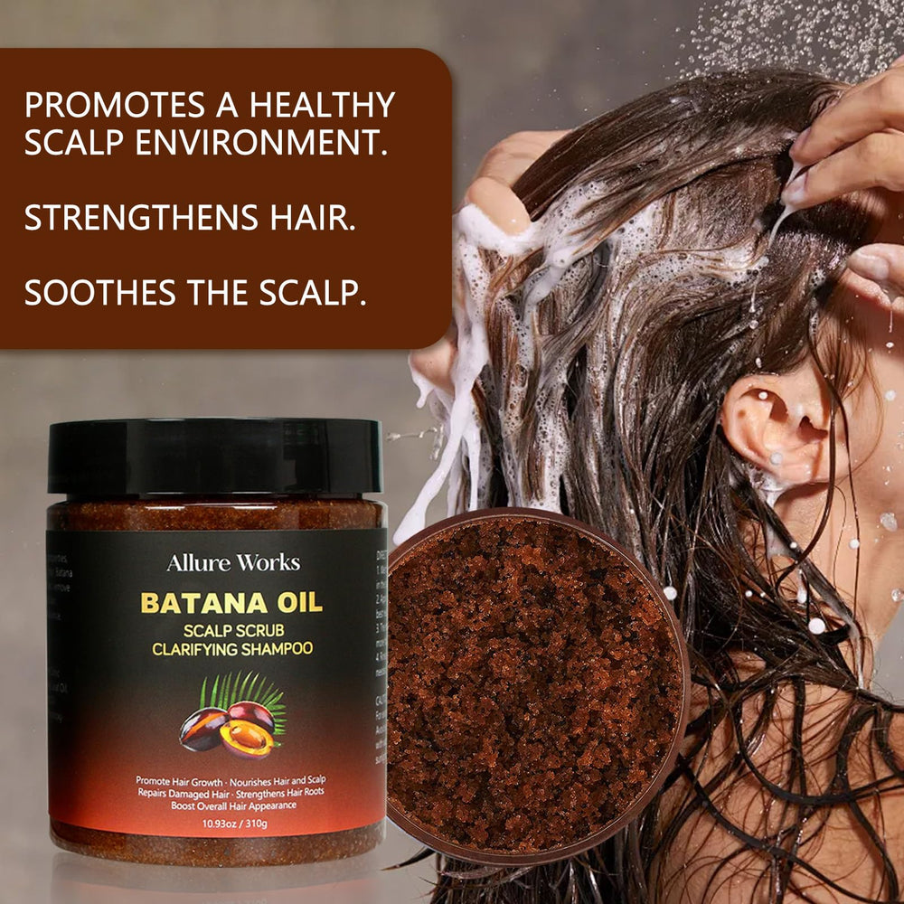Allure Works Exfoliating Scalp Scrub rinse image conveys residue-free cleansing