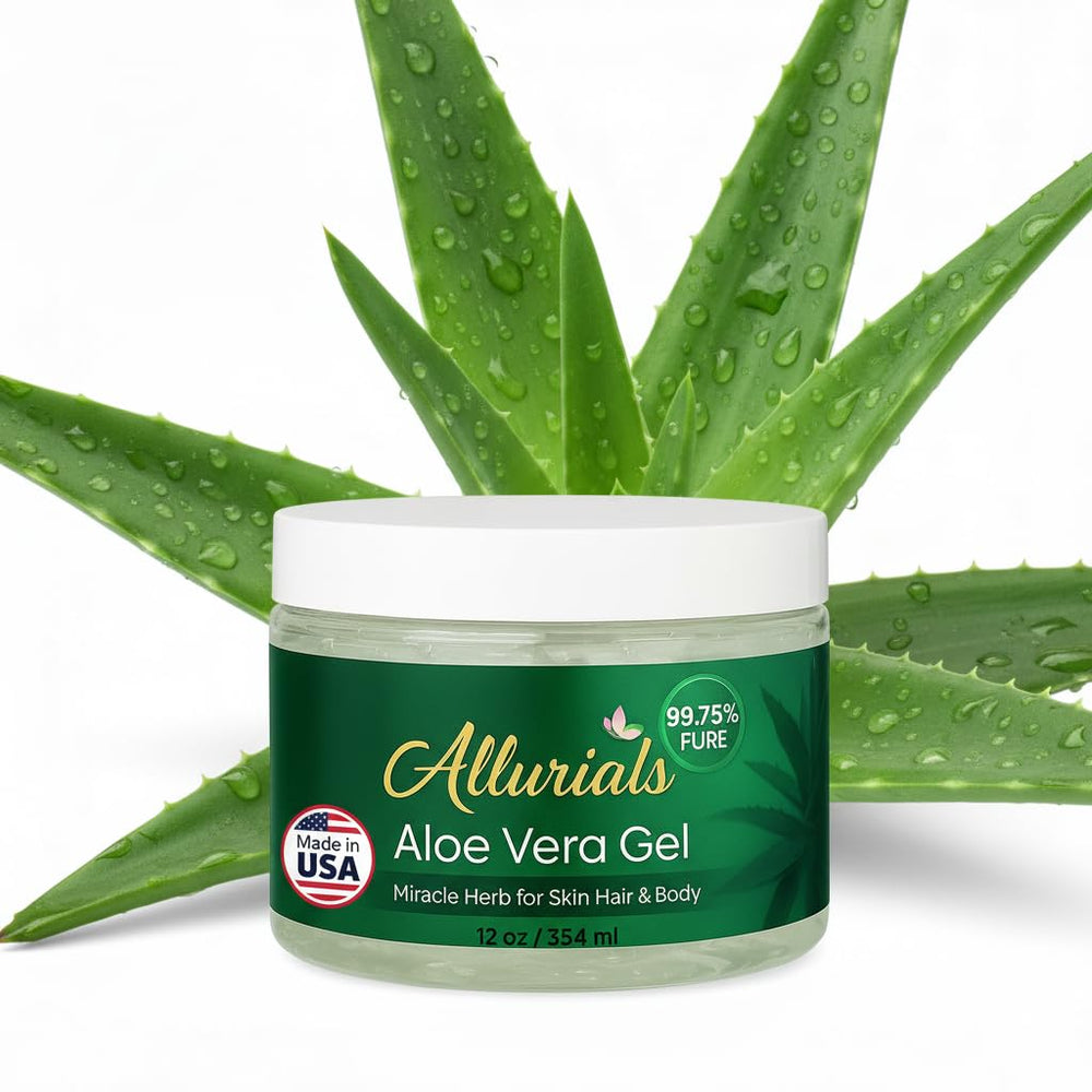 Allurials Aloe Vera Gel bottle shown for skin hydration.