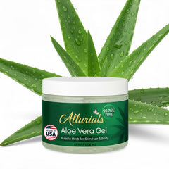 Allurials Aloe Vera Gel bottle shown for skin hydration.
