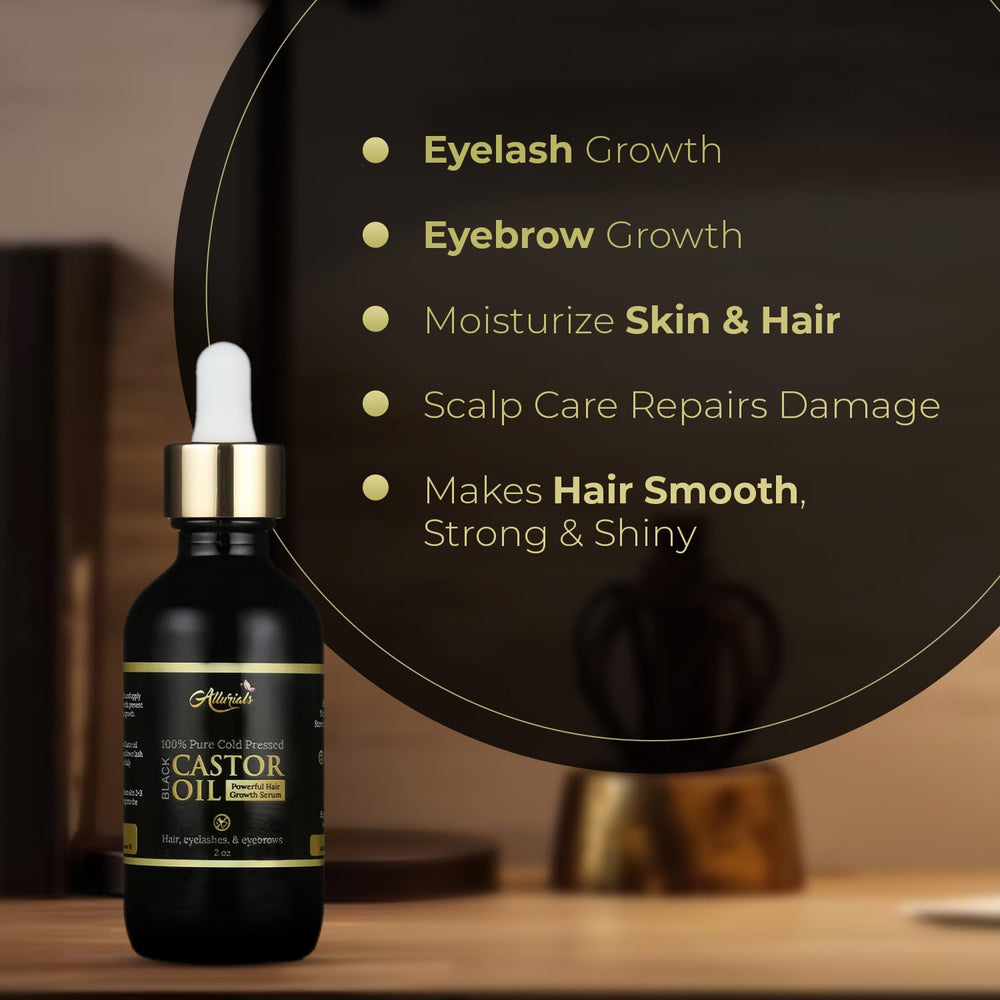 Allurials Castor Oil packaging with compact 2 oz bottle for travel.