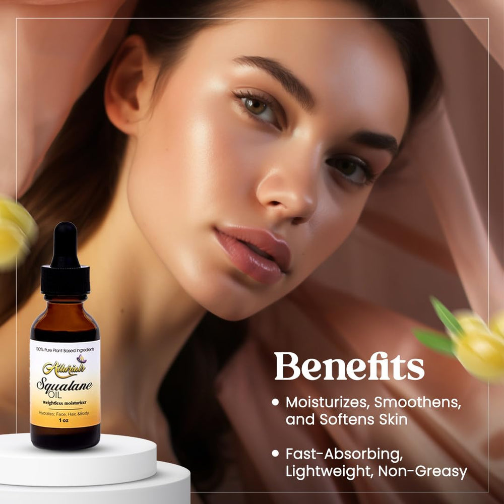 Allurials Squalane Oil dropper pour demonstrating thin, fast-absorbing texture