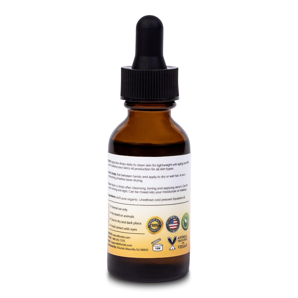 Allurials Squalane Oil being used on hair and skin for multi-use hydration
