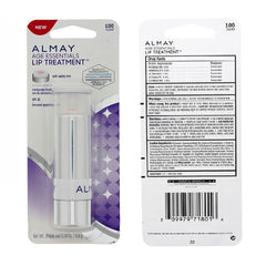 Almay Age Essentials Lip Treatment packaging display highlights hypoallergenic formula and SPF 30