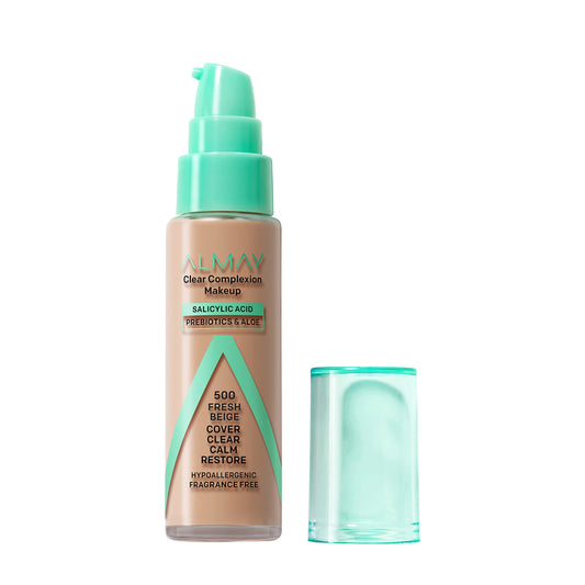 Almay Clear Complexion Foundation bottle pour showing lightweight coverage for acne-prone skin